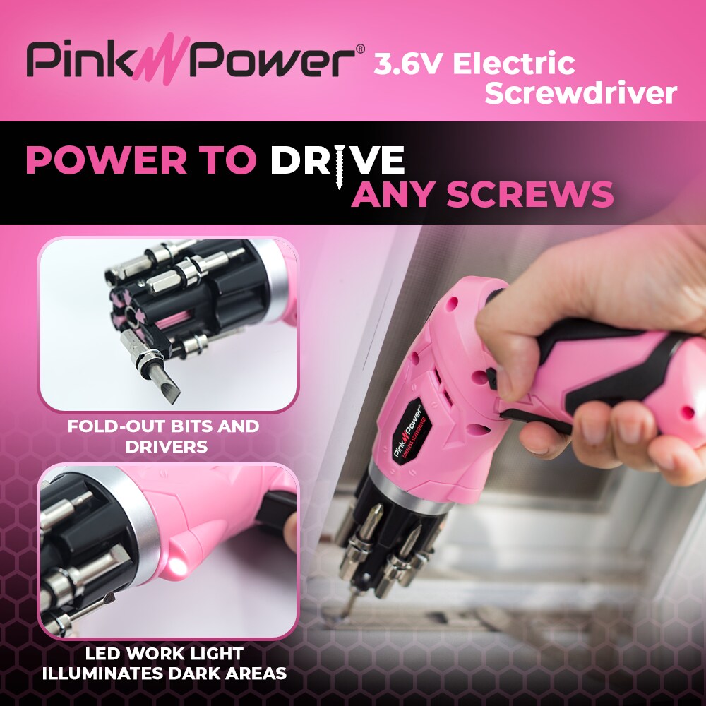 Pink Power 3.6V Lithium-Ion Cordless Screwdriver Kit with Bubble Level