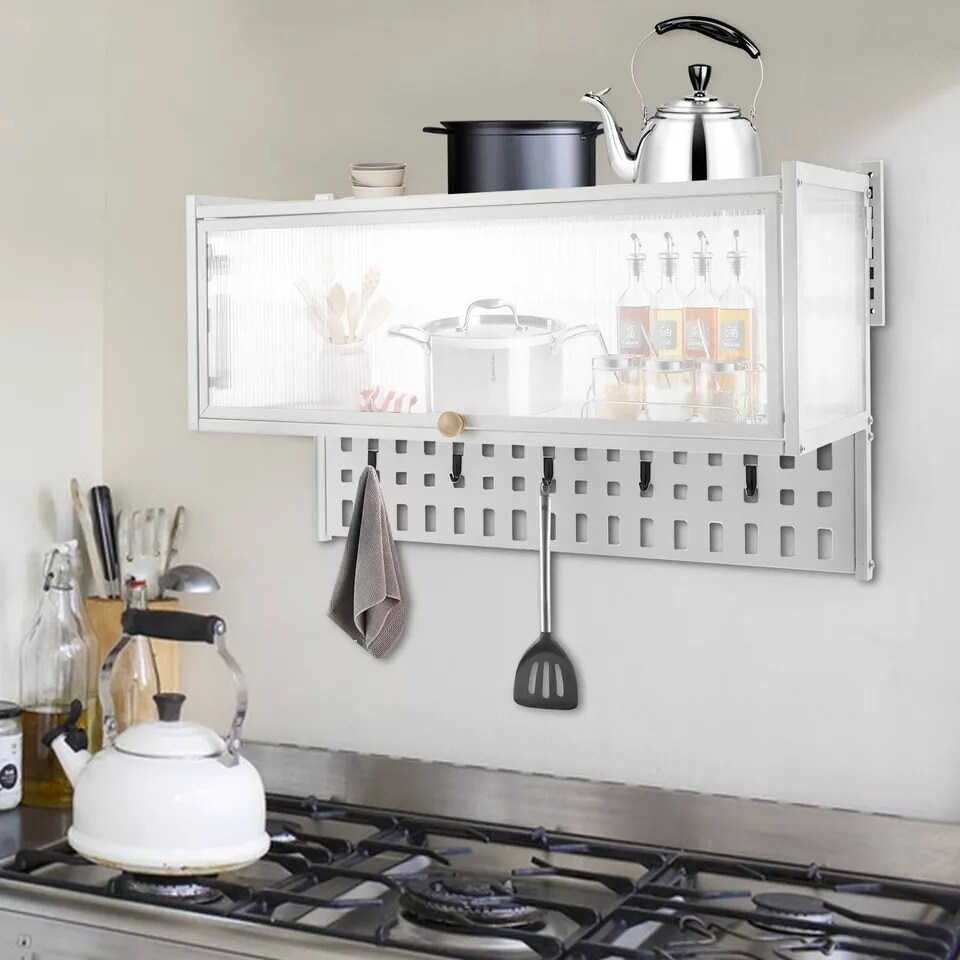 Wall Mount Storage Cabinet Kitchen Cookware Hanging Organizer Cupboard w/Hooks