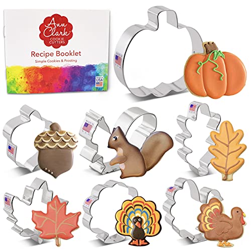 7 Pieces Fall and Thanksgiving Cookie Cutters Set. Made in the USA by Ann Clark, Pumpkin, Maple Leaf, Turkey, Squirrel, Acorn