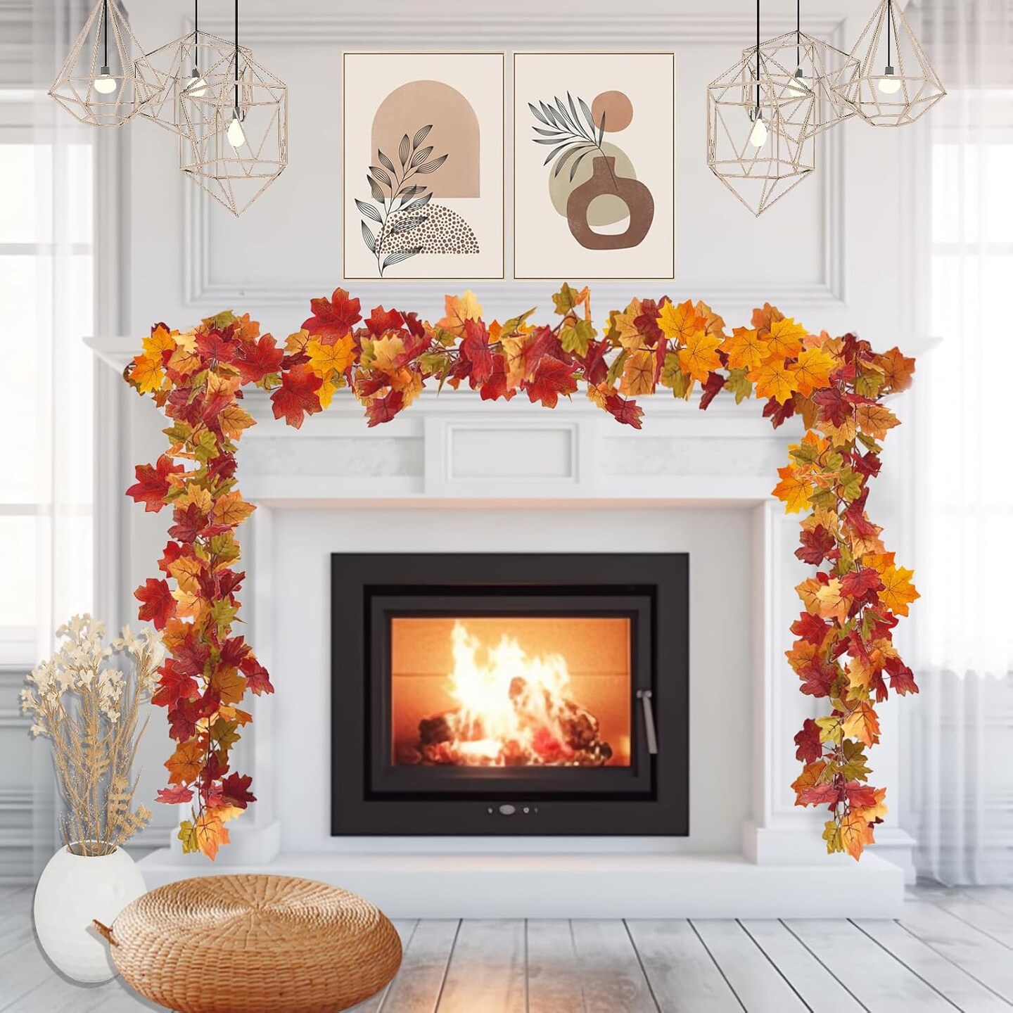 2 Pack Fall Garland Maple Leaf, 5.7Ft/Piece Hanging Thanksgiving Decor Artificial Autumn Garland for Wedding Home Fireplace Party Autumn Decoration