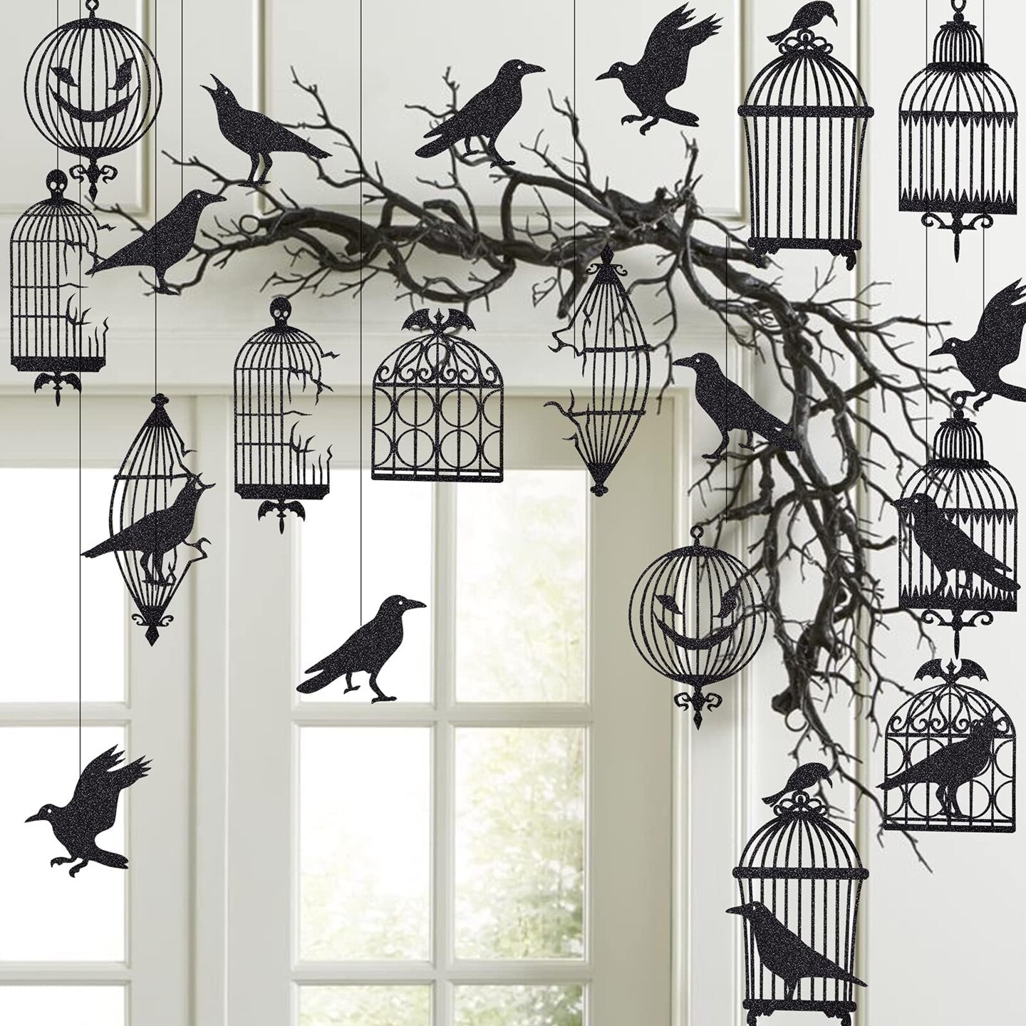 Black Crow &#x26; Cage Garland for Gothic Glitter Halloween Sticker Decals Tree Hanging Decorations Raven Bird and Cage Banner Garland Backdrop for Horror Theme Birthday Party Supplies