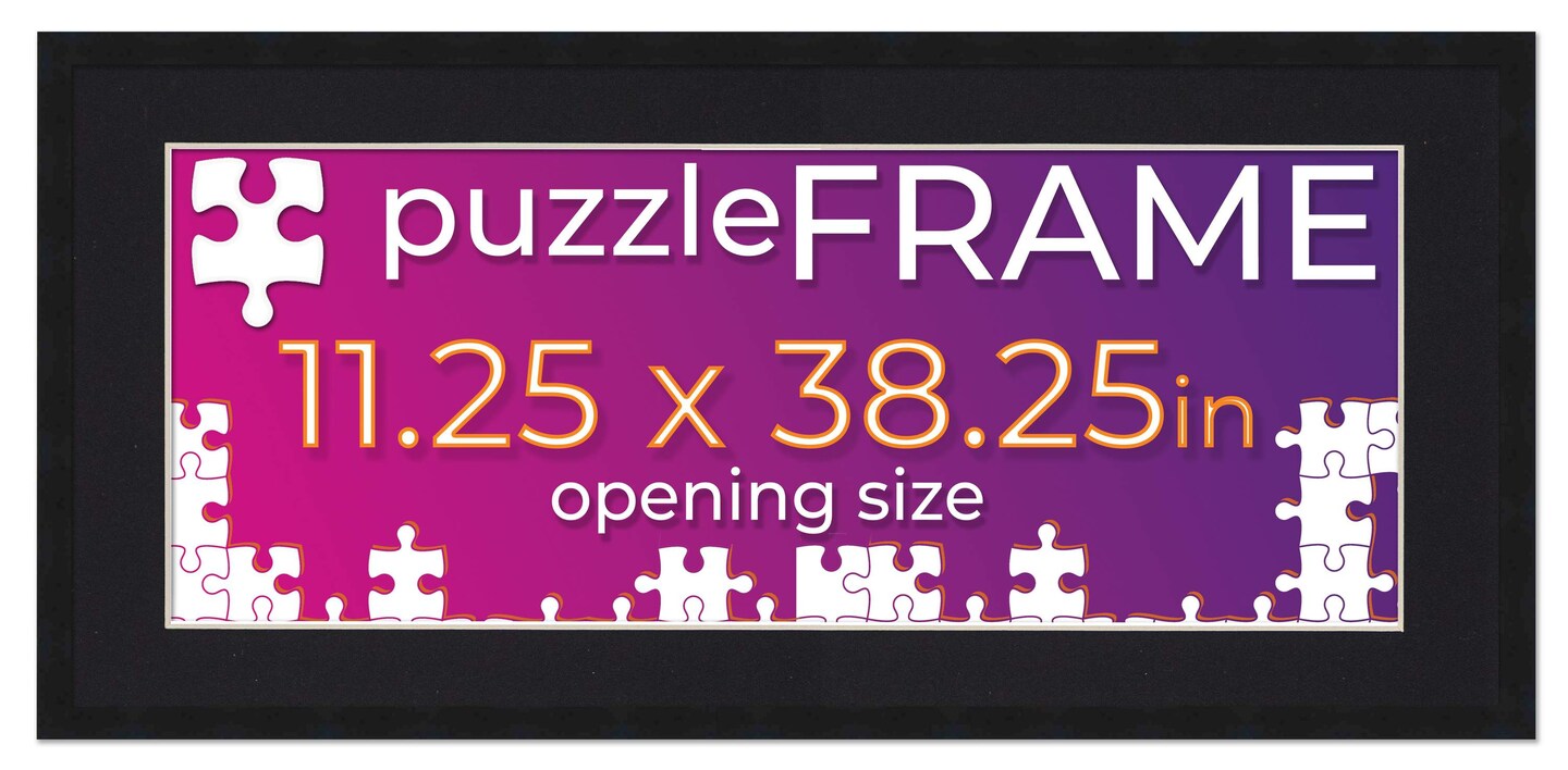 11.25x38.25 Jigsaw Puzzle Frame Kit - Kit Includes Puzzle Glue Sheets, Black Wood Puzzle Frame with Black Mat, UV Acrylic, Backing,, Hanging Hardware
