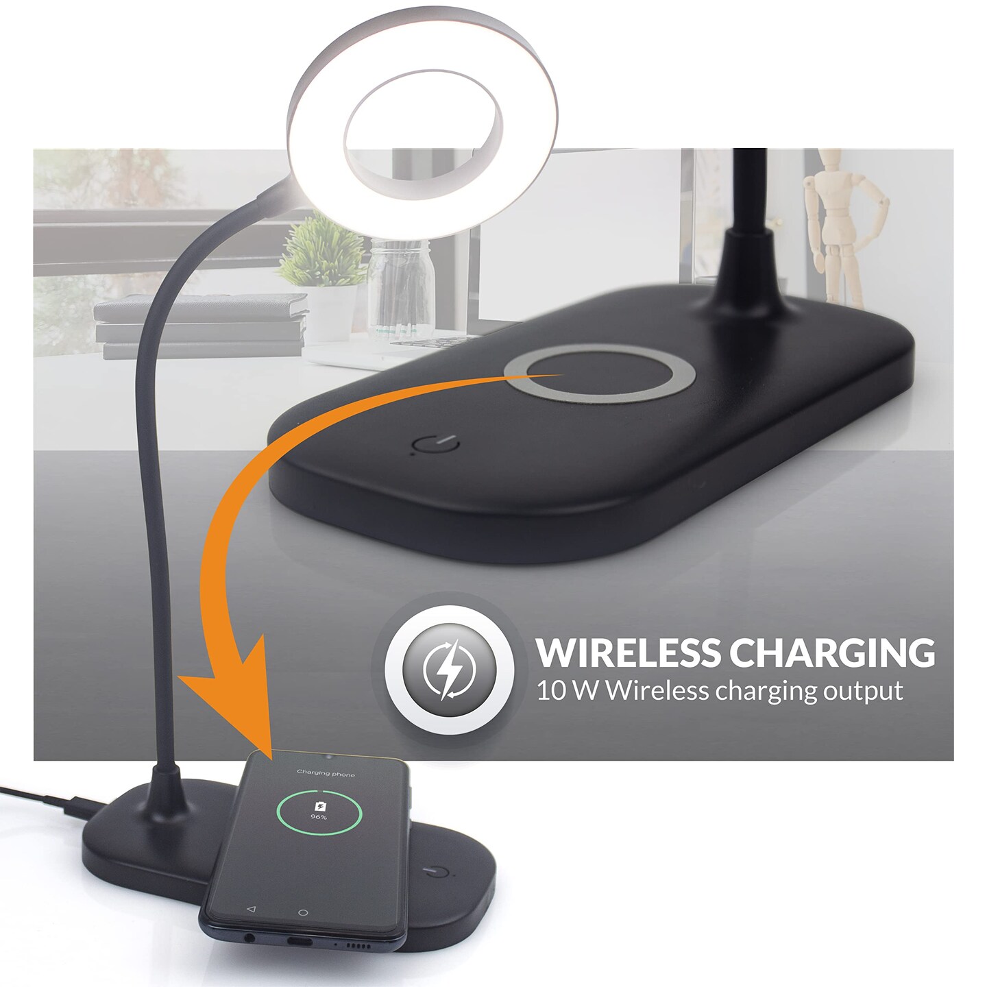 Lighting Zlata Painted Black Plastic Tap or Touch Switch Dimmable and Adjustable Color Temperature Office Desk Lamp with 21 LEDs and USB Port