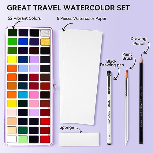 52 Watercolor Paint Set, Travel Watercolors Set with Drawing Pencil, Paint Brushes, 5 Watercolor Paper, Sponge & Black Drawing Pens, Water Colors Paint for Adults, Art Supplies, Purple Case