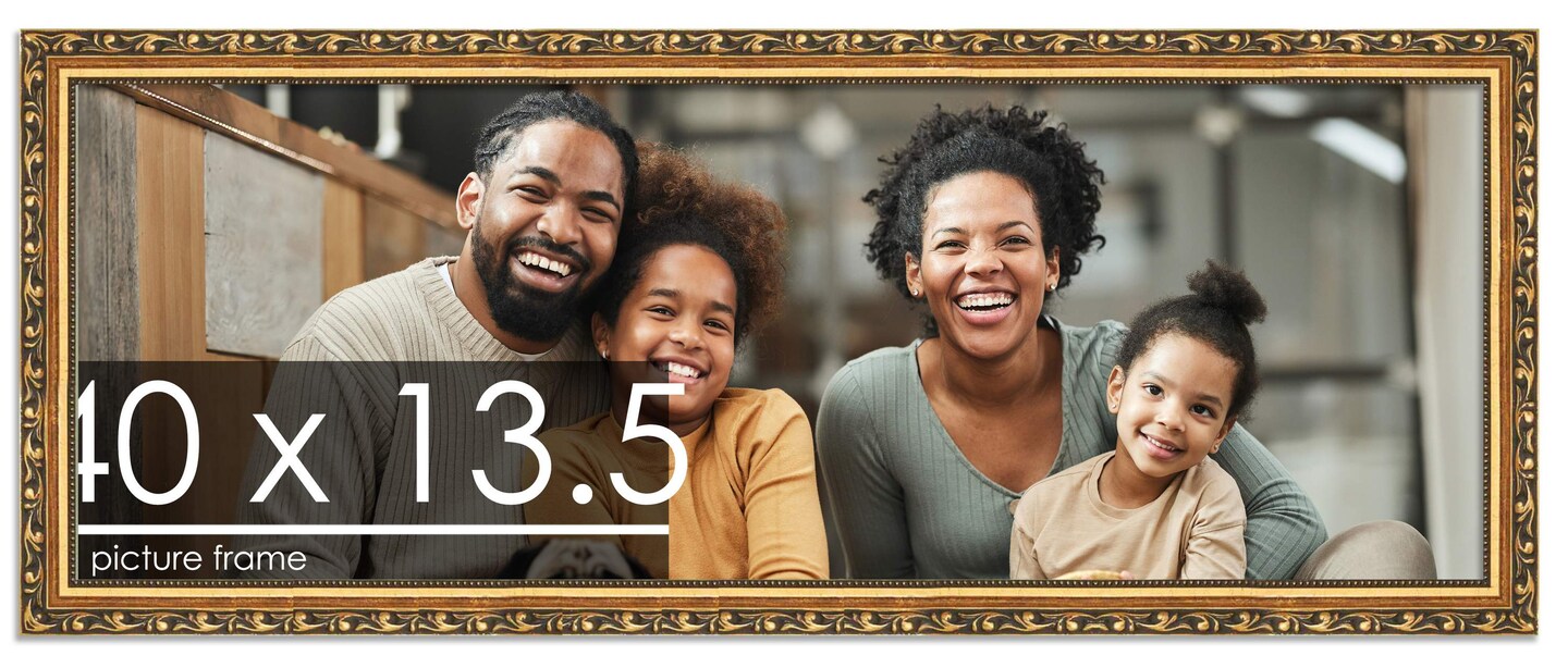 40x13.5 Solid Wood Antique Picture Frame with UV-Resistant Acrylic &#x26; Acid-Free Backing, Available in 4 Finishes: Bronze, Gold, Silver, and Gold with Black
