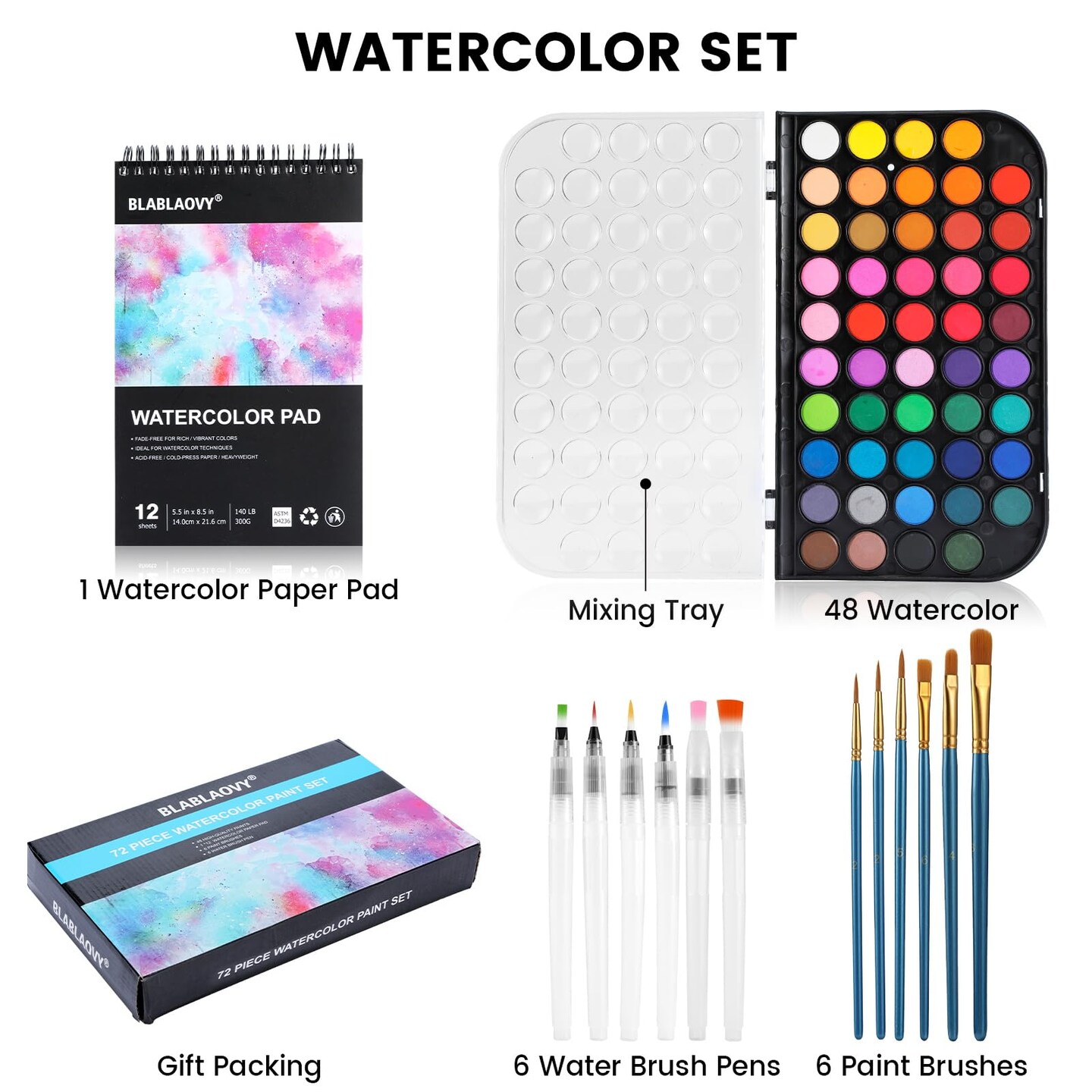 48 watercolor set, Washable Paint Set, 6 Brush, 6 Refillable Water Brush Pen, Drawing Pad, Palette, Watercolor Set for Kids Adults Artist Beginners, Water Color Paint Sets for Kids