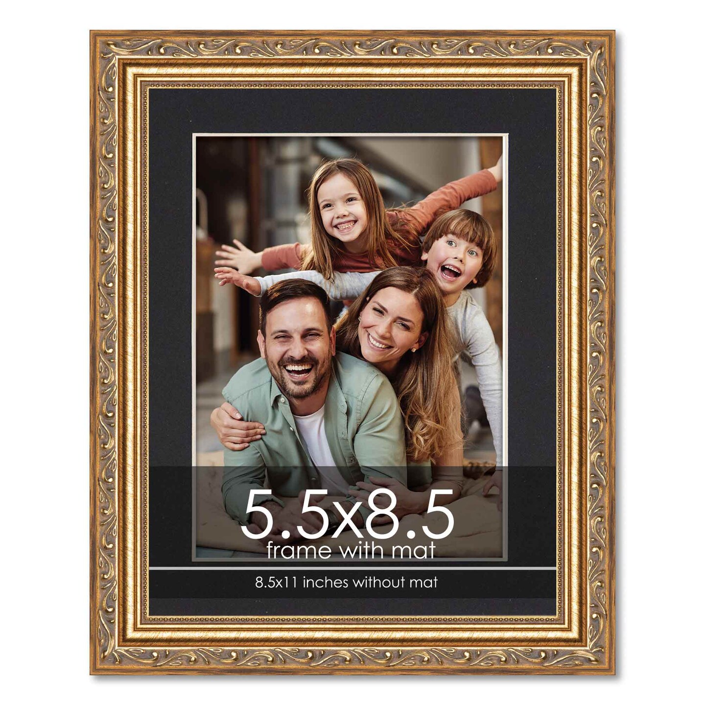 Antique Gold Frame with Black Photo Mat, UV Acrylic Front, Foam Board Backing, 60 Sizes Available