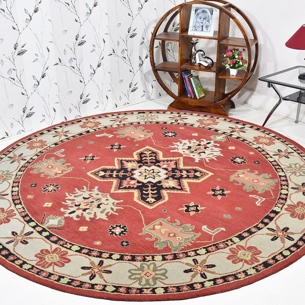 Hand Tufted Wool Area Rug Red Cream Round Eco-Friendly K00535 5X5 Ft