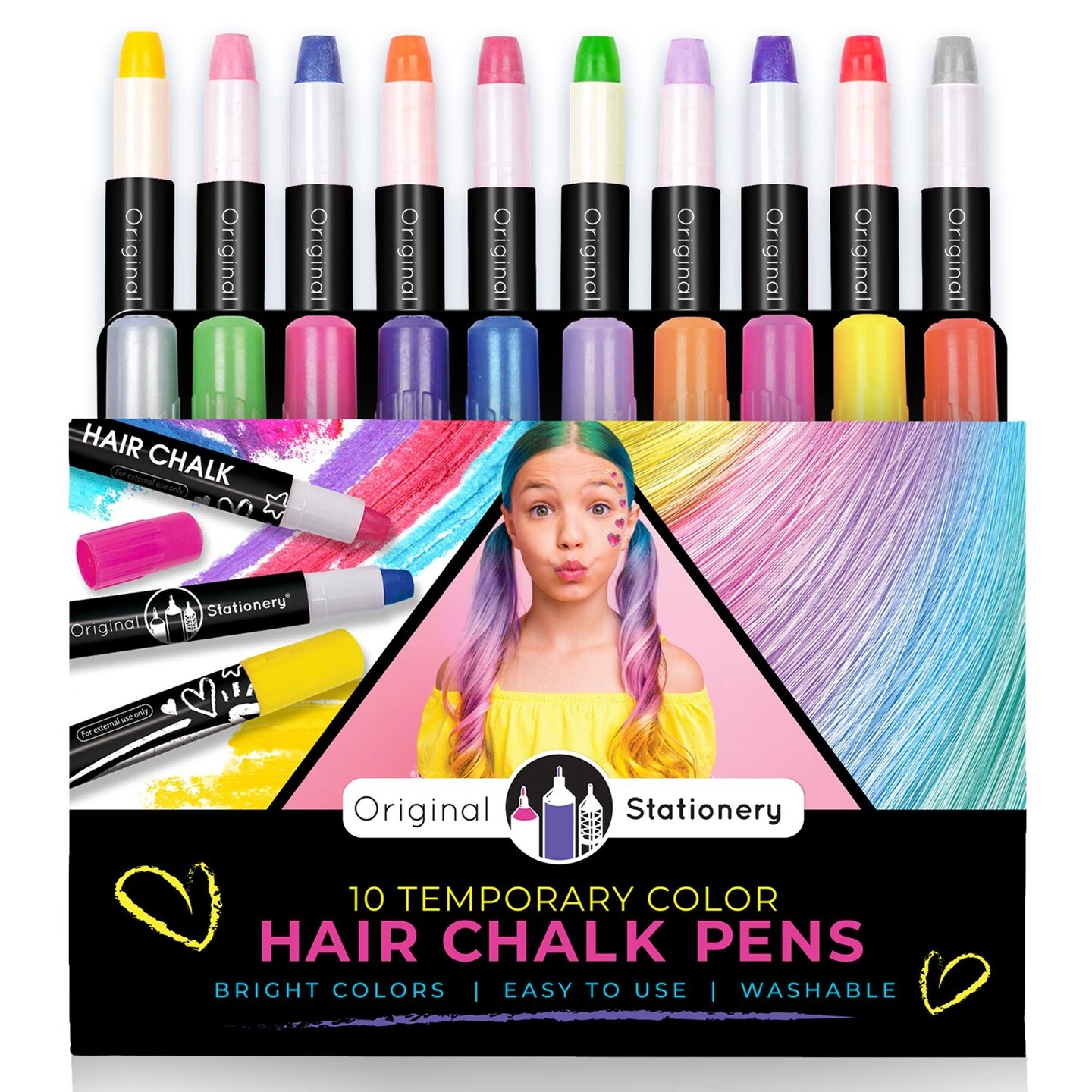 Original Stationery 10-Piece Hair Chalk for Girls Set, Temporary Hair Color Pens, Ideal for Face Painting, Vibrant Metallic Markers, Washable Chalk for Girls, Amazing Birthday and Easter Gift