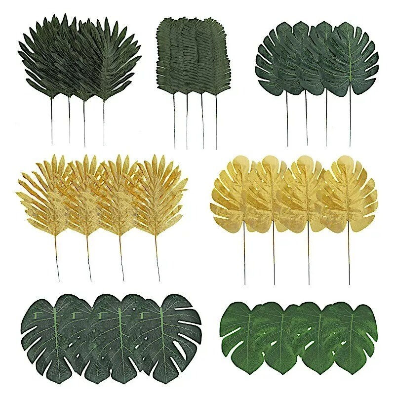 28 Green Gold Assorted SILK LEAVES Artificial Palm Tropical Monstera Stems Party