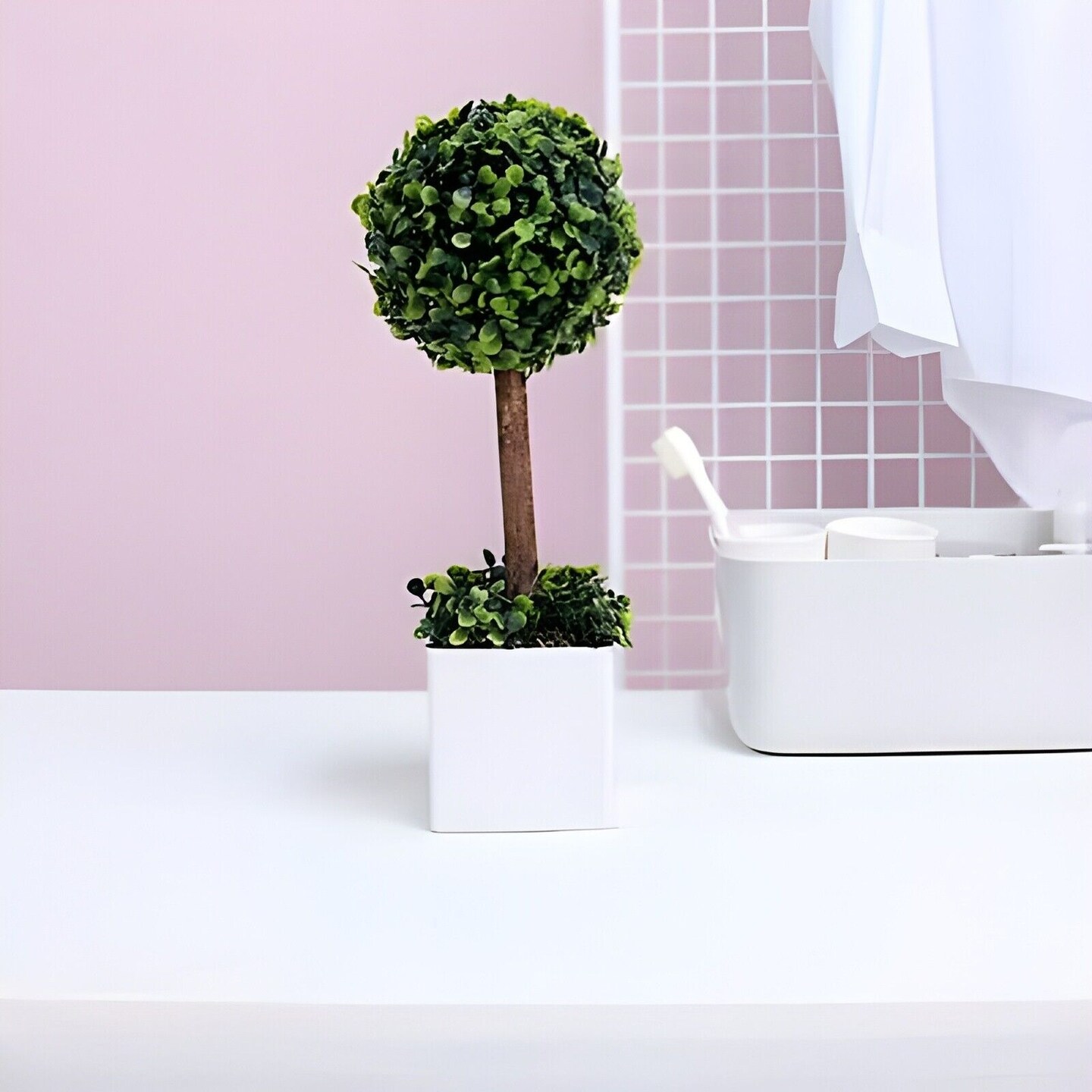 Green 16&#x22; ARTIFICIAL Mini Boxwood Ball Topiary Tree White PLANTER POT Party Home