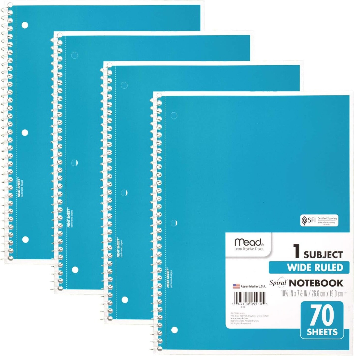 Spiral Notebooks, 1 Subject, Wide Ruled Paper, 70 Sheets, 10-1/2 X 7-1/2 Inches, Blue, 4 Pack (38400)