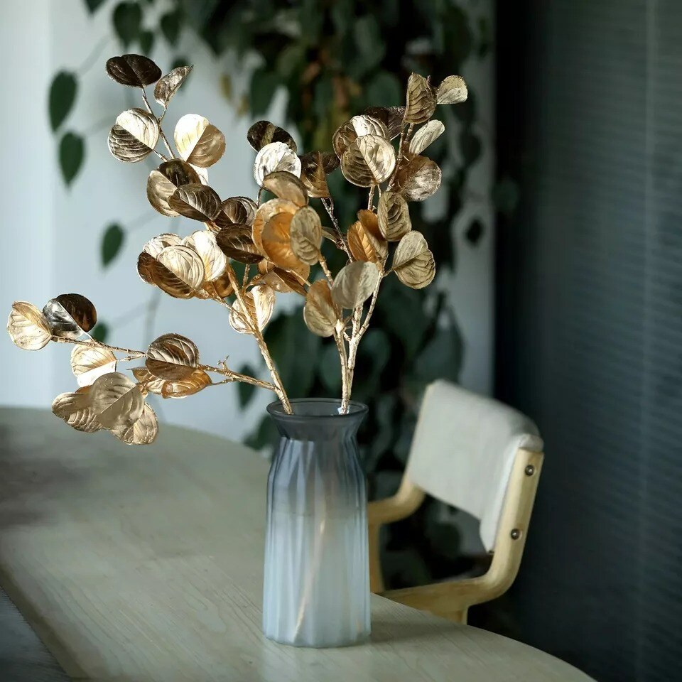 2 Gold 27 in Artificial Eucalyptus LEAF Metallic Faux Greenery Stems Party Event