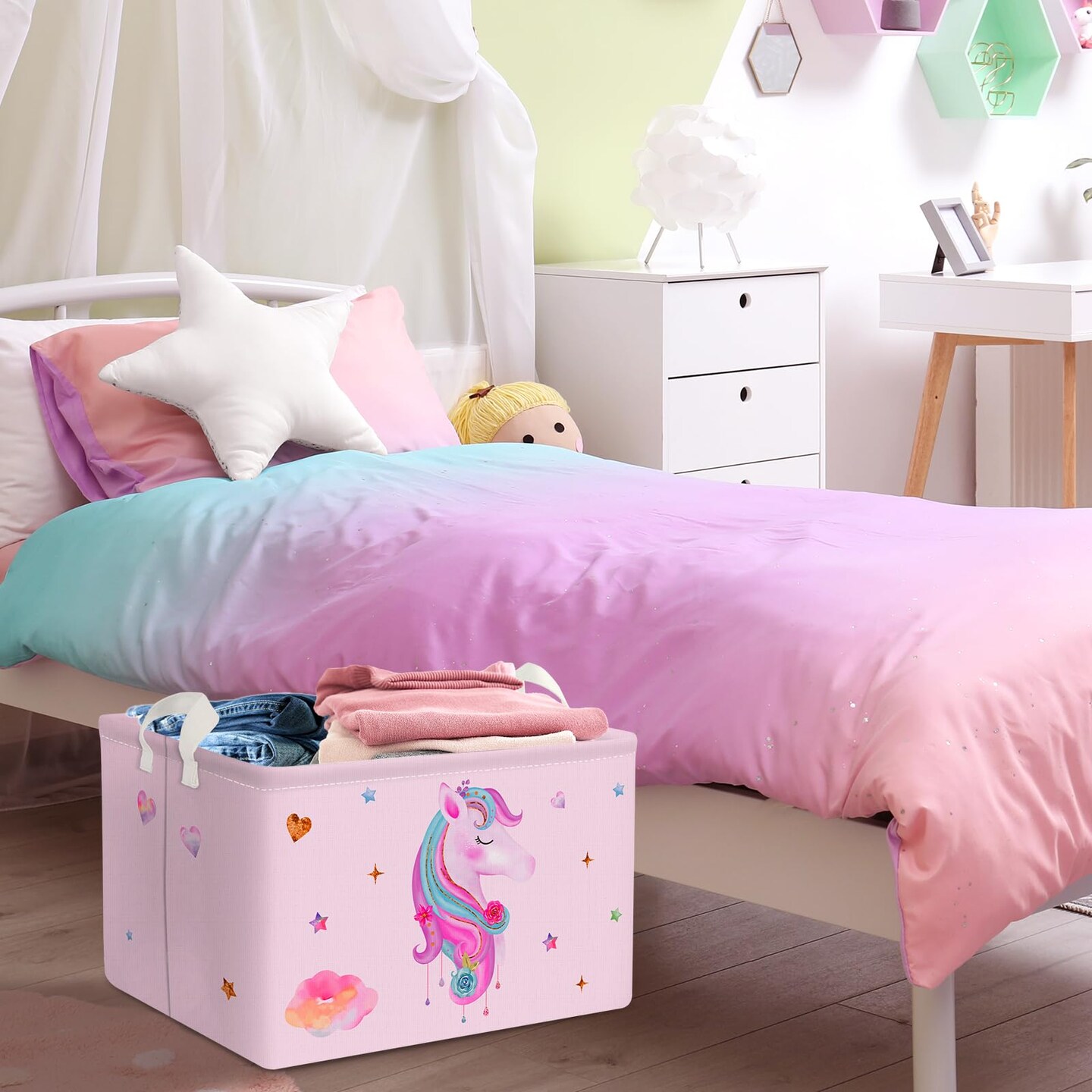 Adorable Pink Unicorn Basket for Girls Rectangle Cloud Star Heart Shelf Basket Clothes Books Toy Storage Cube, 21L