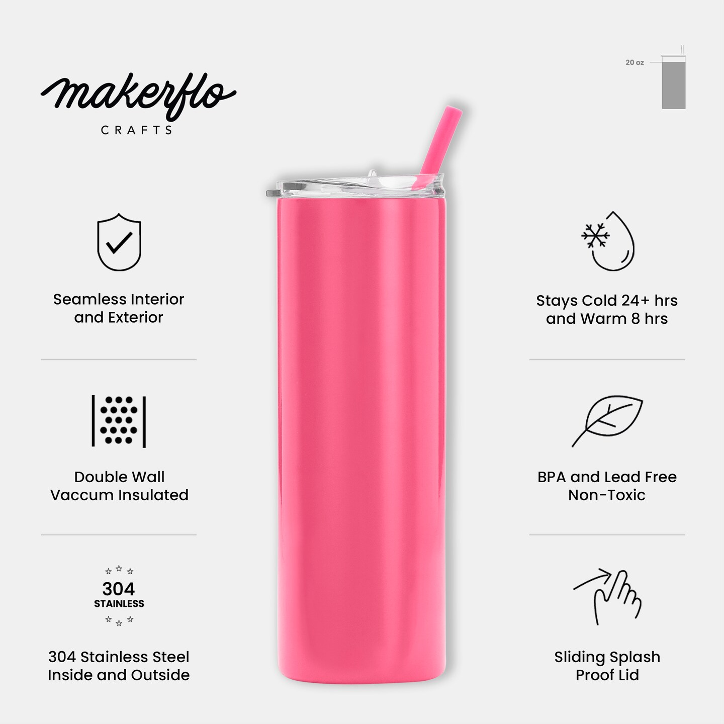 makerflo 20 oz Skinny Powder Coated Tumbler, Stainless Steel Insulated Travel Tumbler Mug with Splash Proof Lid & Straw, for Tea, Wine, Water, Hot Cold Drink, For Personalized DIY Gifts