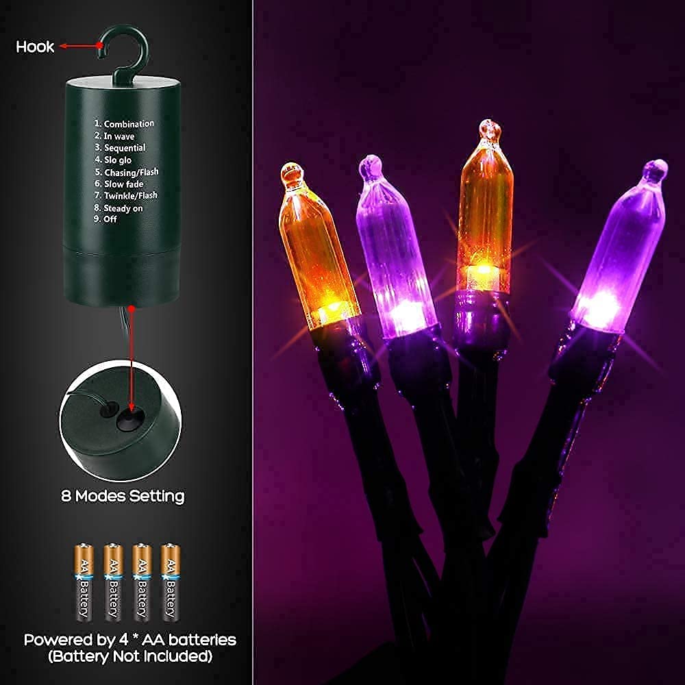 33 ft  Orange Purple Halloween Lights,Battery Operated 100 LED Mini String Lights Waterproof Halloween Lights with 8 Modes &#x26; Timer Function for Halloween Decorations