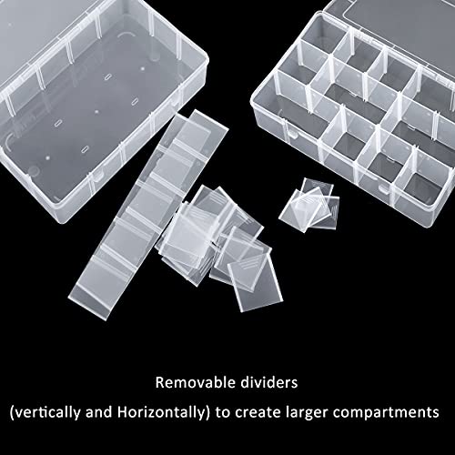 Large 15 Grid Clear Organizer Box Adjustable Dividers - Plastic Compartment Storage Container for Washi Tapes, Craft, Beads, Jewelry, Small Parts