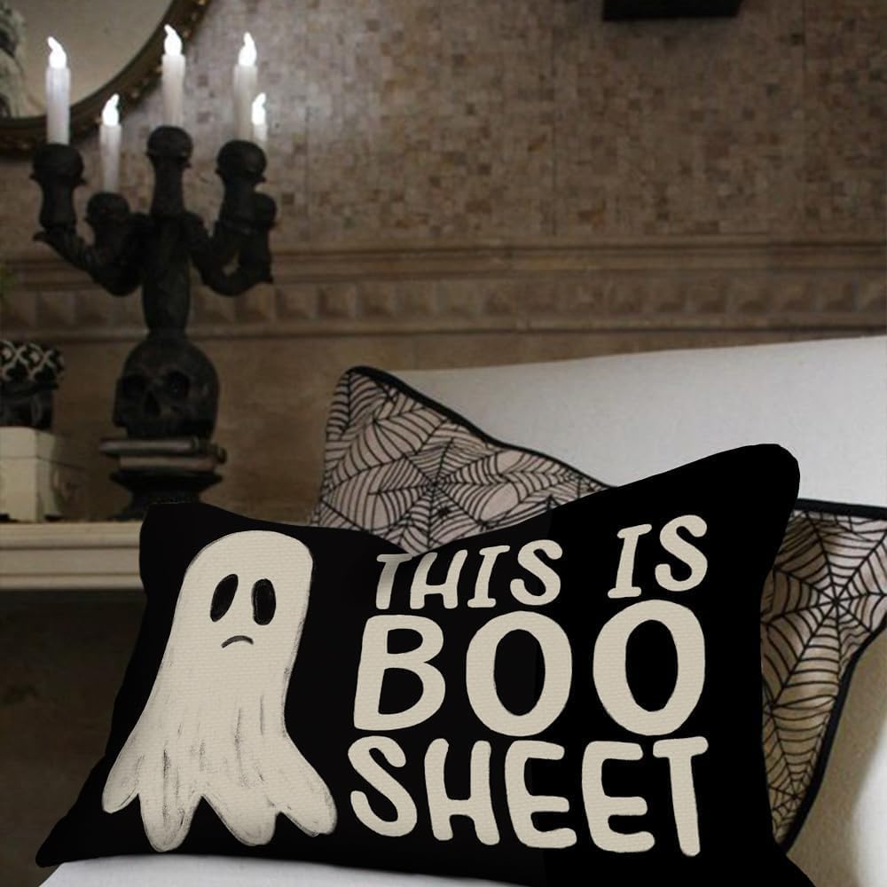 Halloween Pillow Cover 12X20 Inch Ghost Funny Halloween Saying Decoration Holiday Farmhouse Pillow Case Decor for Home Sofa Couch Indoor Outdoor AA188-12