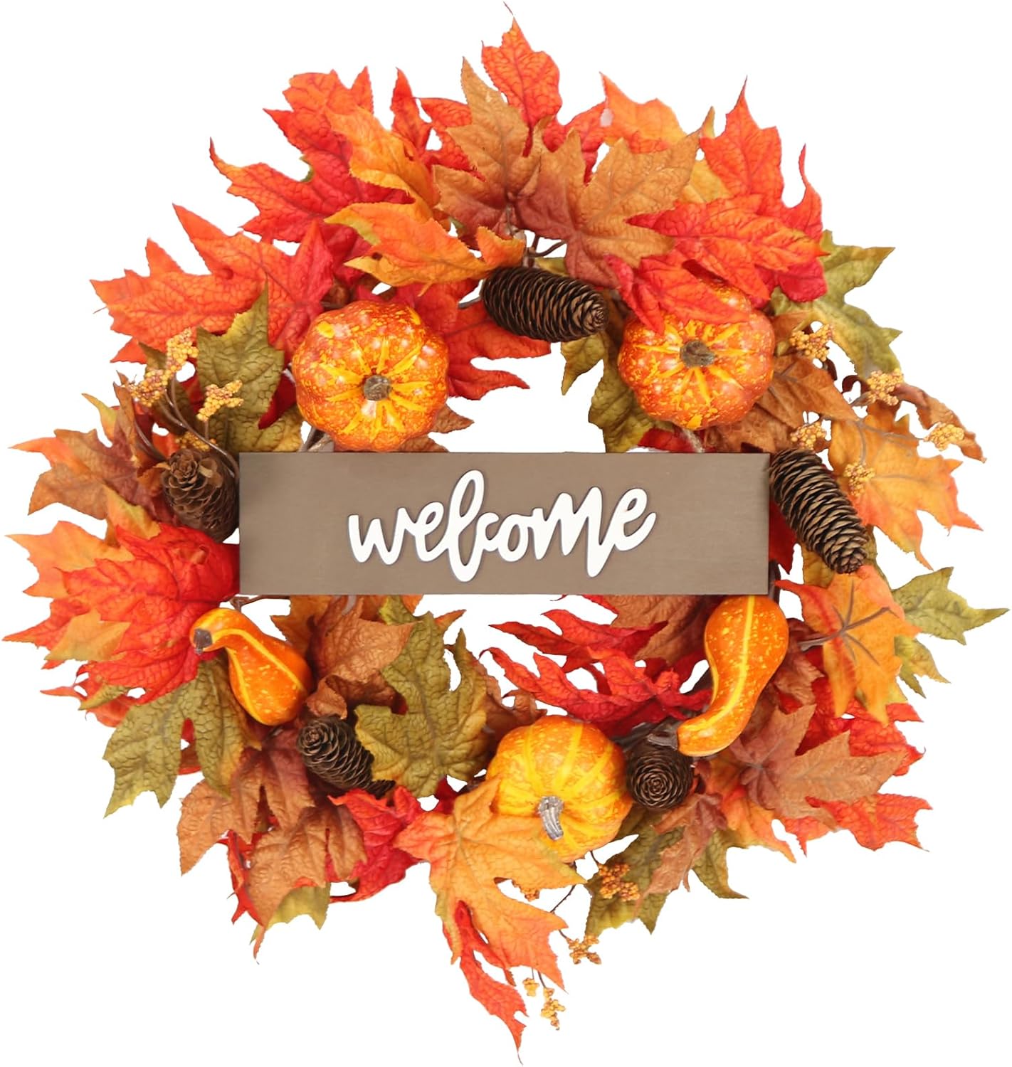 Fall Decor Autumn Maple Leaves Pumpkin Pine Cone Berries Wreath, Fall Decorations for Harvest Thanksgiving Halloween Farmhouse Home Outside Window Wall