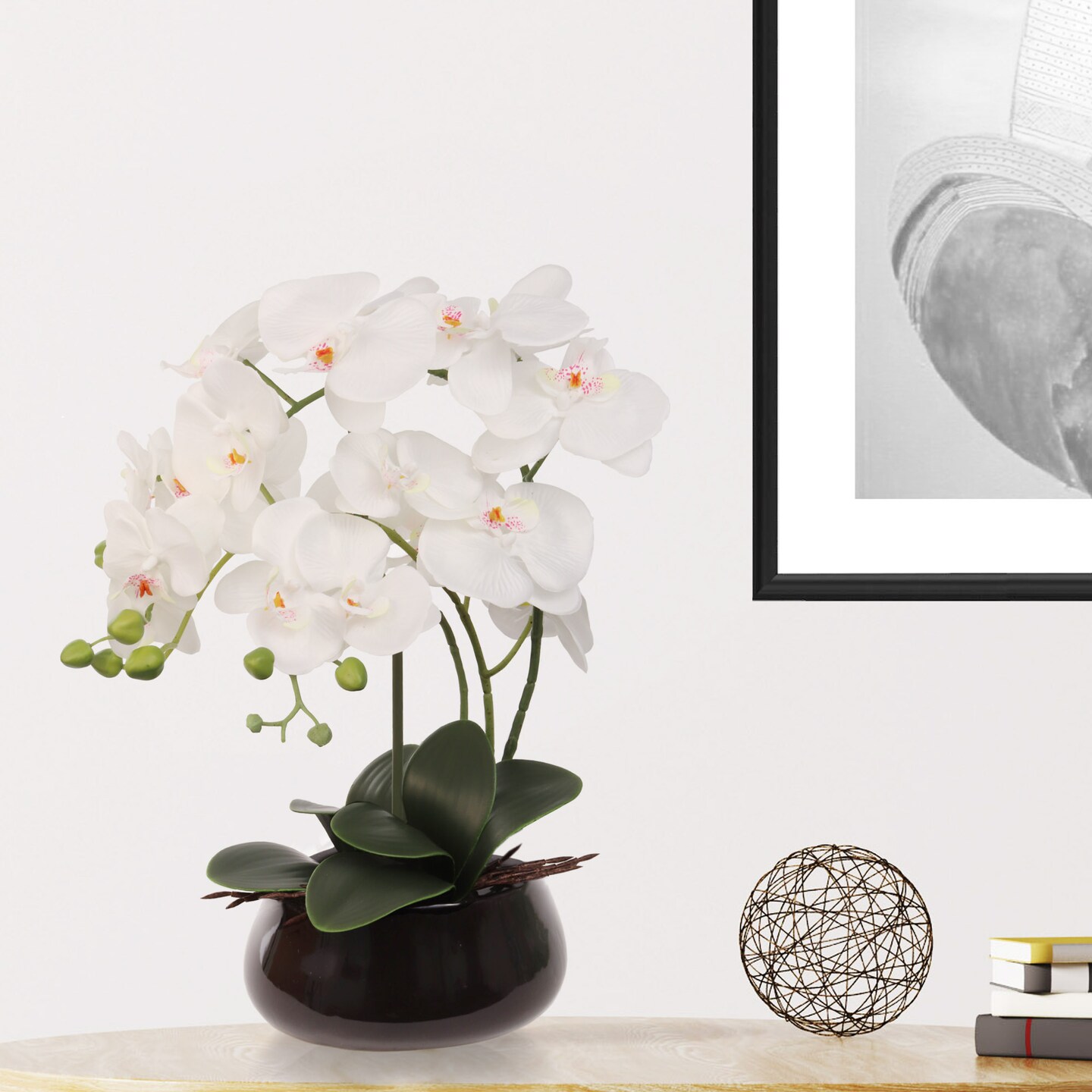 15" x 9" White Phalaenopsis Orchid with 7" Round Pot, Elegant Artificial Floral Accent, Ideal for Home, Office, and Event Décor, Floral Home by Artificial Flowers