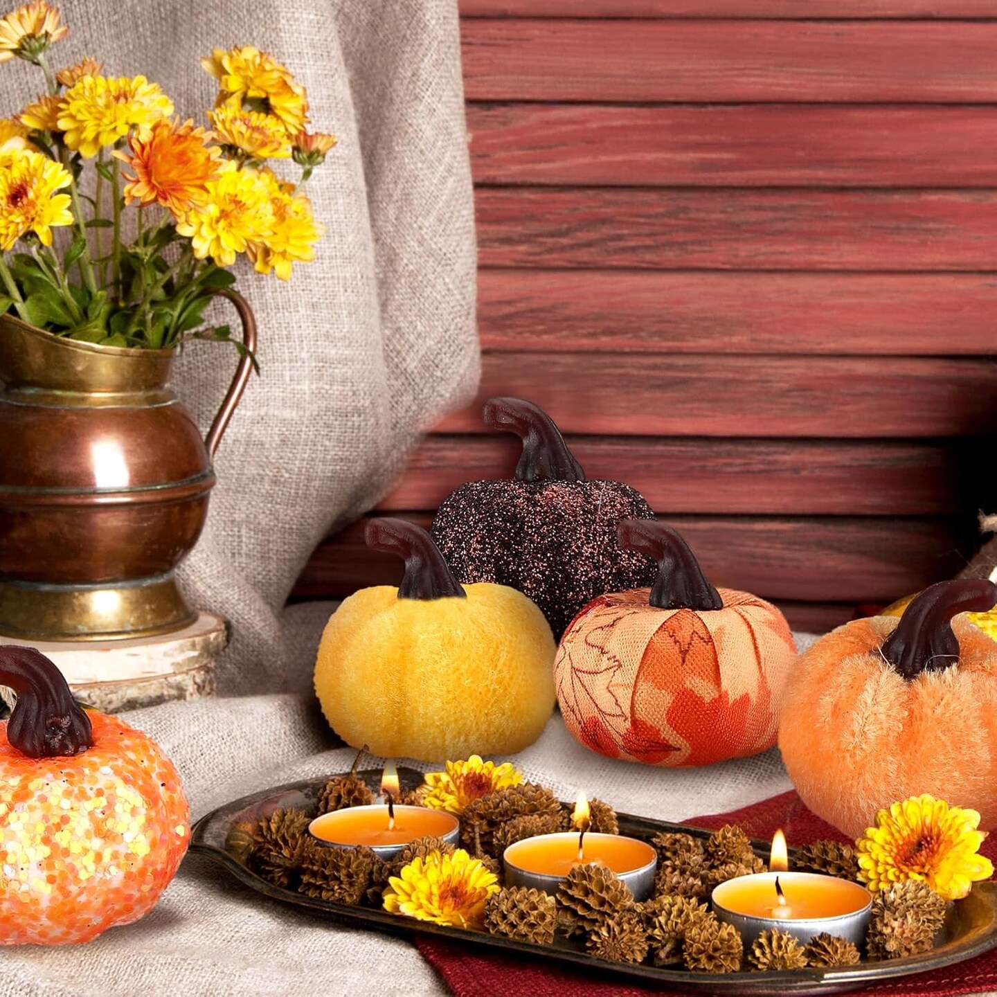 49 Pcs Fall Pumpkin Ornament Autumn Hanging Mini Pumpkin Shaped Tree Decorations Thanksgiving Fabric Harvest Pumpkin Ornament Ball for Party Farmhouse Halloween Christmas(Vibrant)