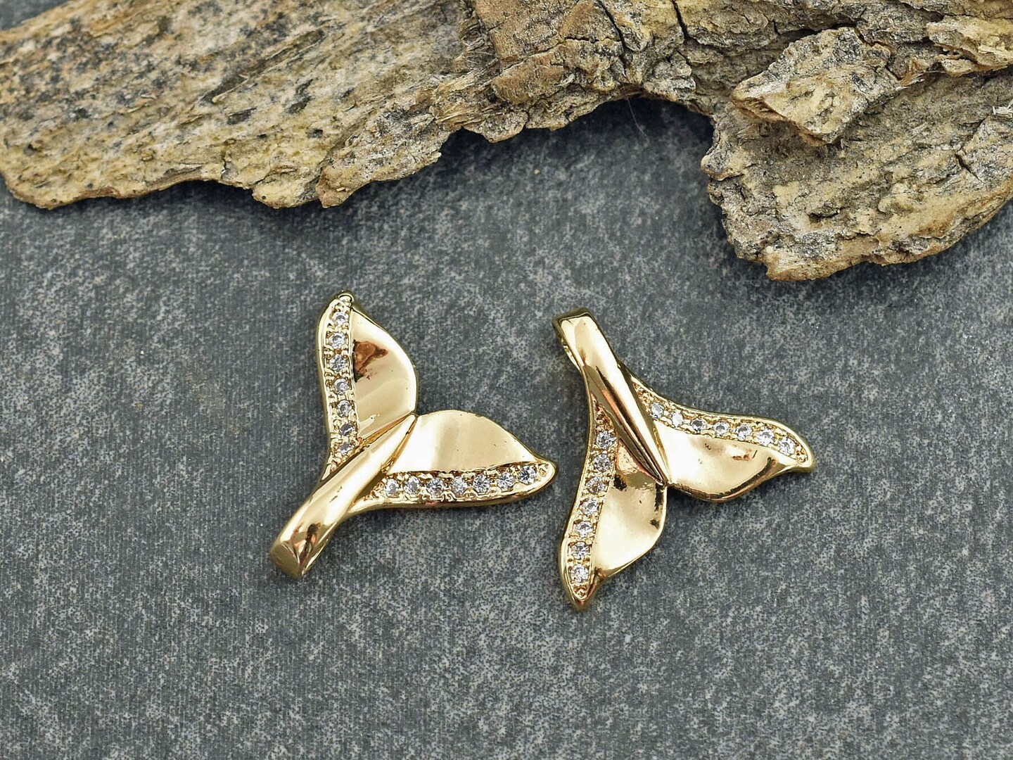 *5* 15x16mm 18k Gold Plated Micro Pave Cubic Zirconia Whale Tail Charms