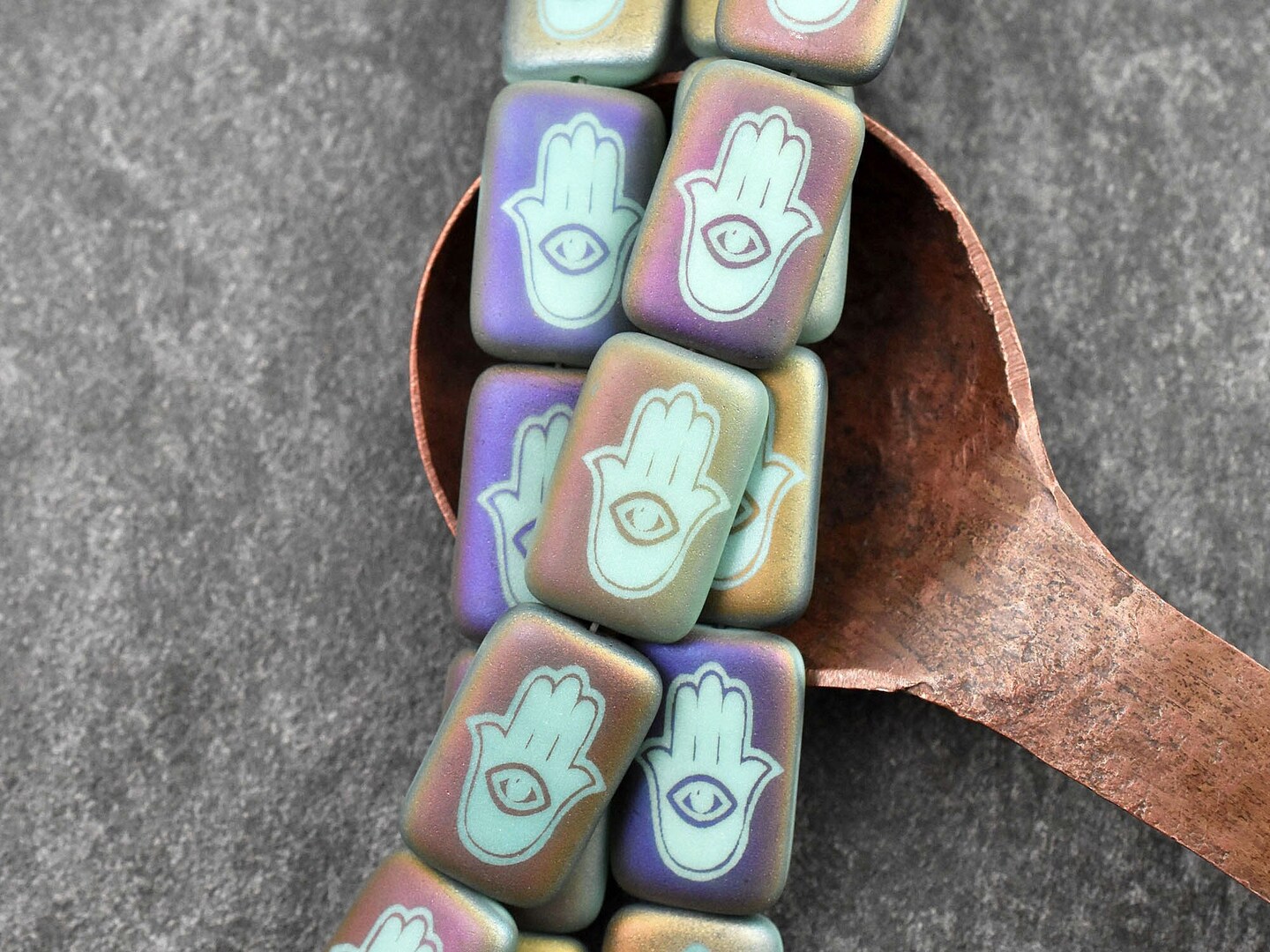 *6* 12x18mm Matte Turquoise Sliperit Laser Etched Hamsa Design Rectangle Beads
