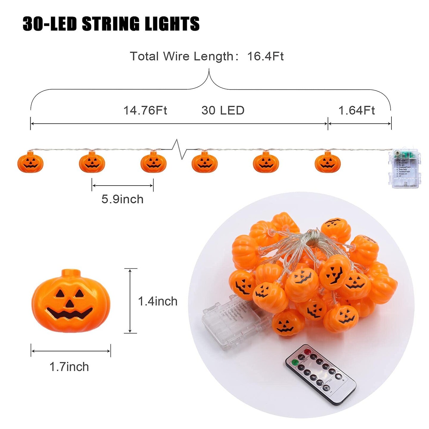 Halloween Pumpkin String Lights, 30 LED 16.4 FT 8 Modes Timer 3D Waterproof Orange Jack-O-Lantern Battery Operated Decorative Twinkle Lights for Indoor Bedroom Camper Decor Party Decorations