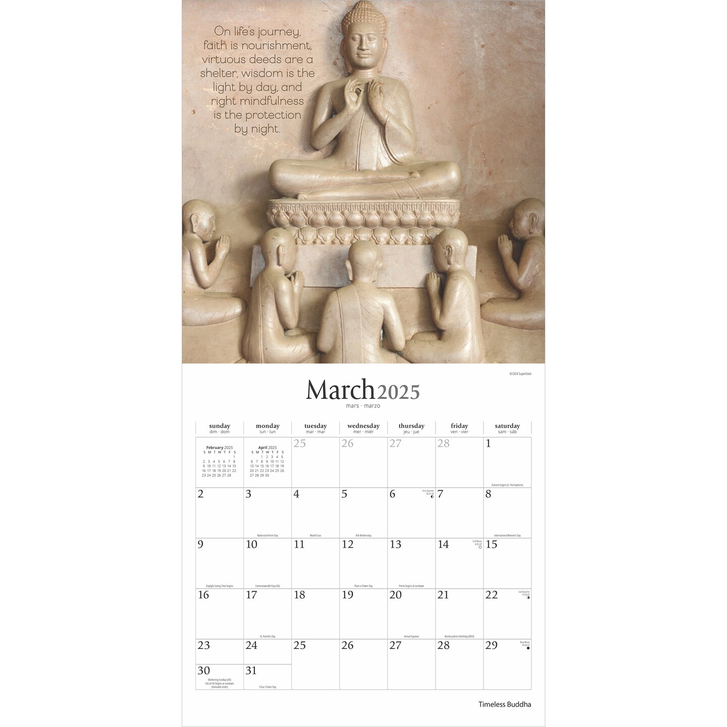 Timeless Buddha | 2025 12 x 24 Inch Monthly Square Wall Calendar | Plastic-Free | Brush Dance | Inspiration Thailand Peace