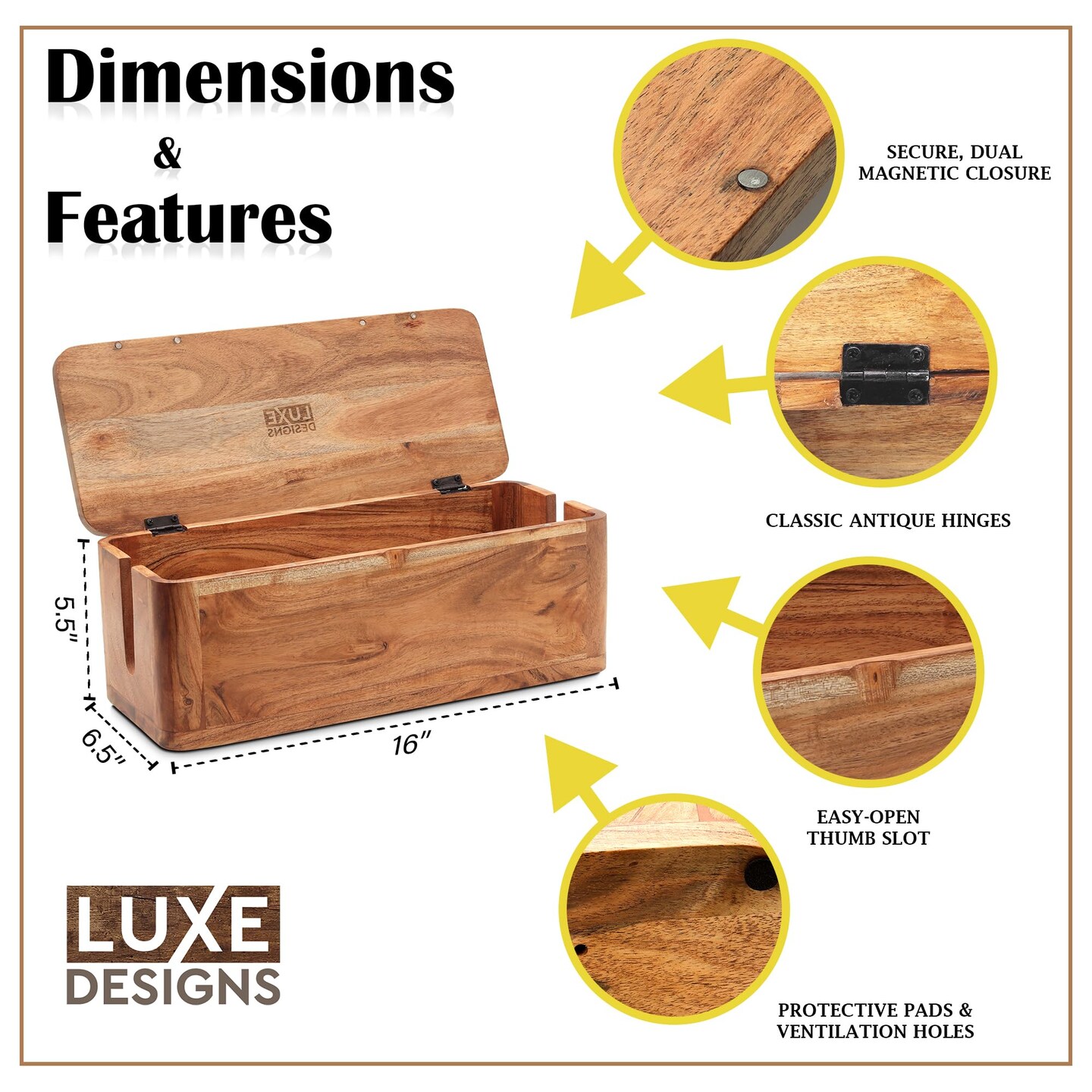 Acacia Wood Cable Organizer Box - Power Strip Box for Cord