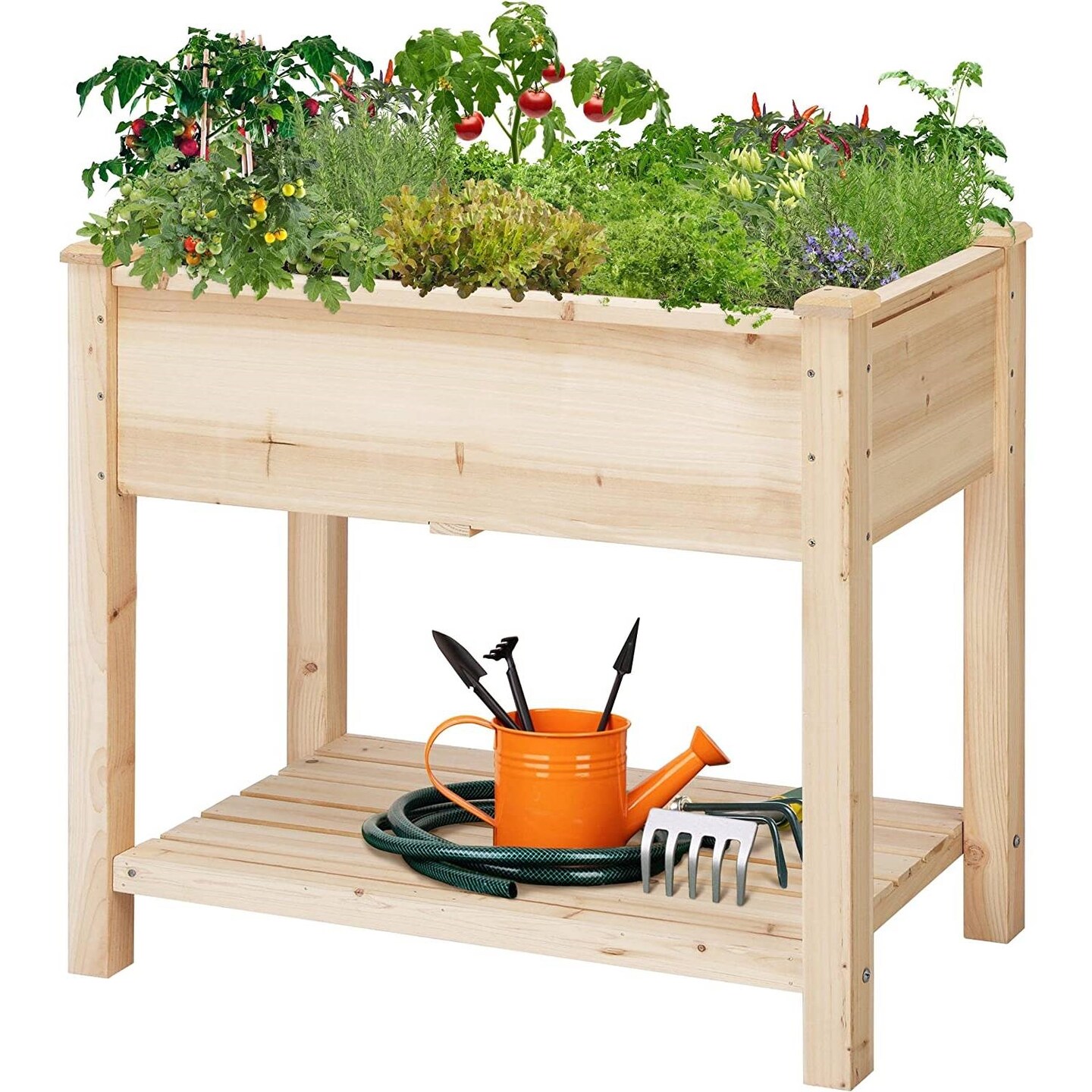 Natural Wood 2-Tier Raised Garden Bed with Storage Shelf and Drainage
