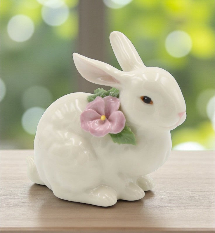 Ceramic Bunny Rabbit with Pink Pansy Flower Figurine, Home Décor, Gift for Her, Gift for Mom, Kitchen Décor, Spring Décor, Easter Décor