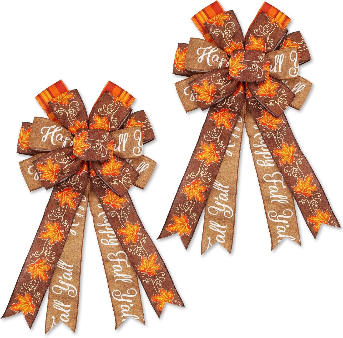 Large Fall Bows for Wreath 20x11 Inch, 2 Pack Pre-Tied Thanksgiving Wired Ribbon, Decorative Autumn Tree Topper Bow for Front Door Indoor Outdoor Harvest Decorations (Flaxen, Maple)