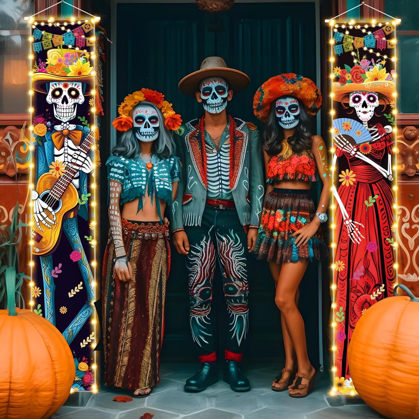 Halloween Dia De Los Muertos Lighted Porch Sign Banners