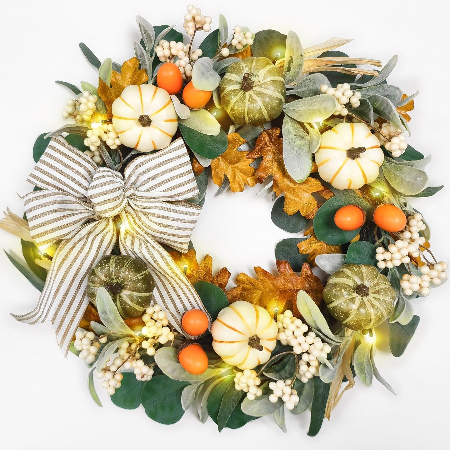 20&#x27;&#x27; Fall Wreath with Lights, Eucalyptus Pumpkins Autumn Wreaths