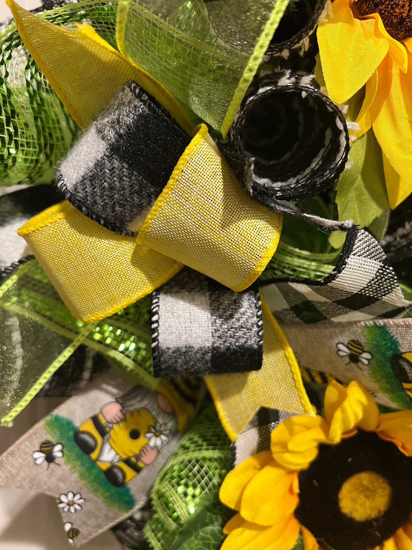 Summer Sunflower Ribbon Wreath Gnome Handmade 22 inches Diam. W7