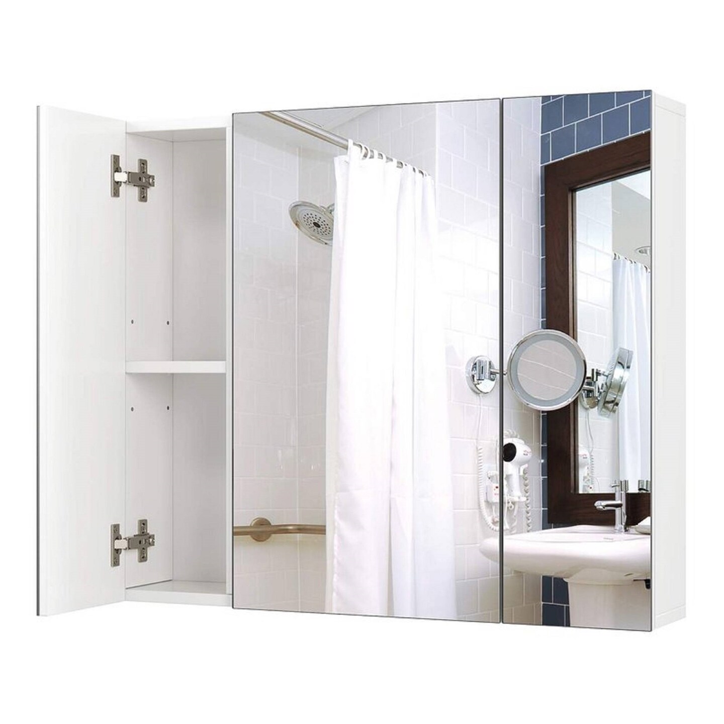 White 3-Door Wall-Mounted Medicine Cabinet with Adjustable Shelves Mirror Storage Cabinet, Moisture-Resistant