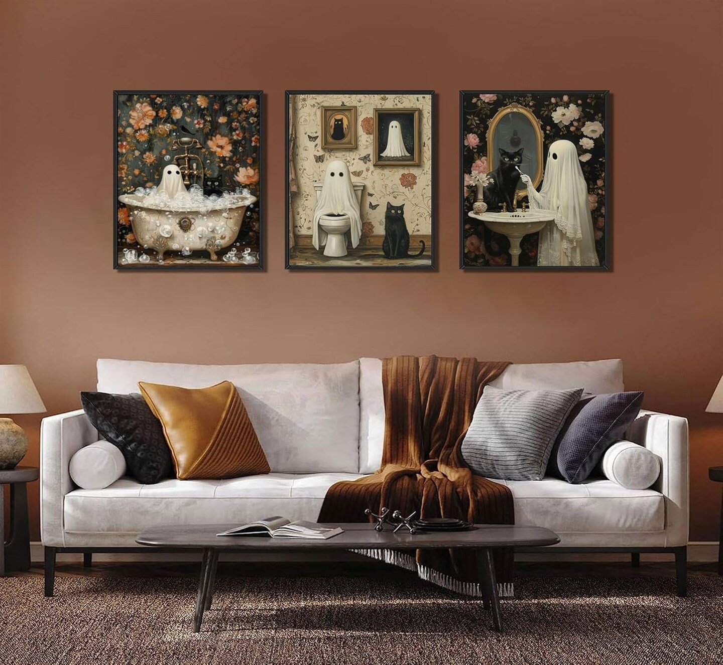 Halloween Ghost Wall Art Set – 3PCS Retro Horror Posters with Ghosts & Black Cat, Creepy Dark Academia Bathroom Decor for Gallery, Home & Halloween Decorations