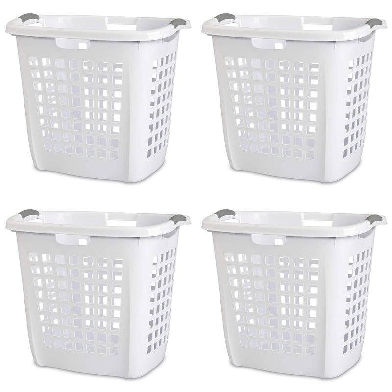 White Heavy Duty Plastic Laundry Baskets Set of 4 with Reinforced Rims and Handles
