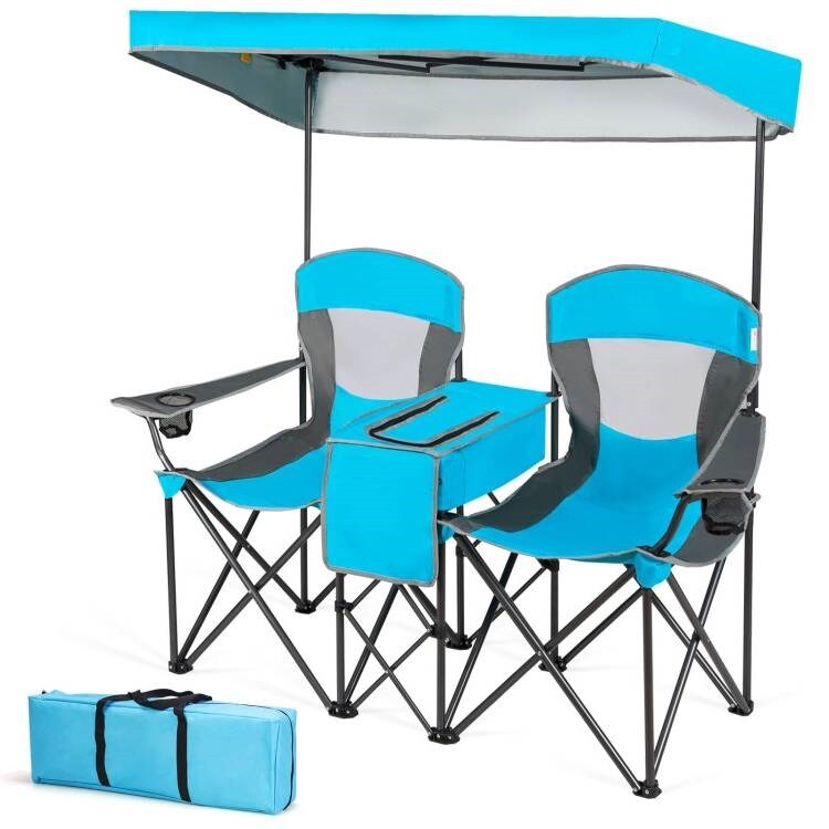 Steel Folding 2-Seater Camping Chair with Canopy and Cooler
