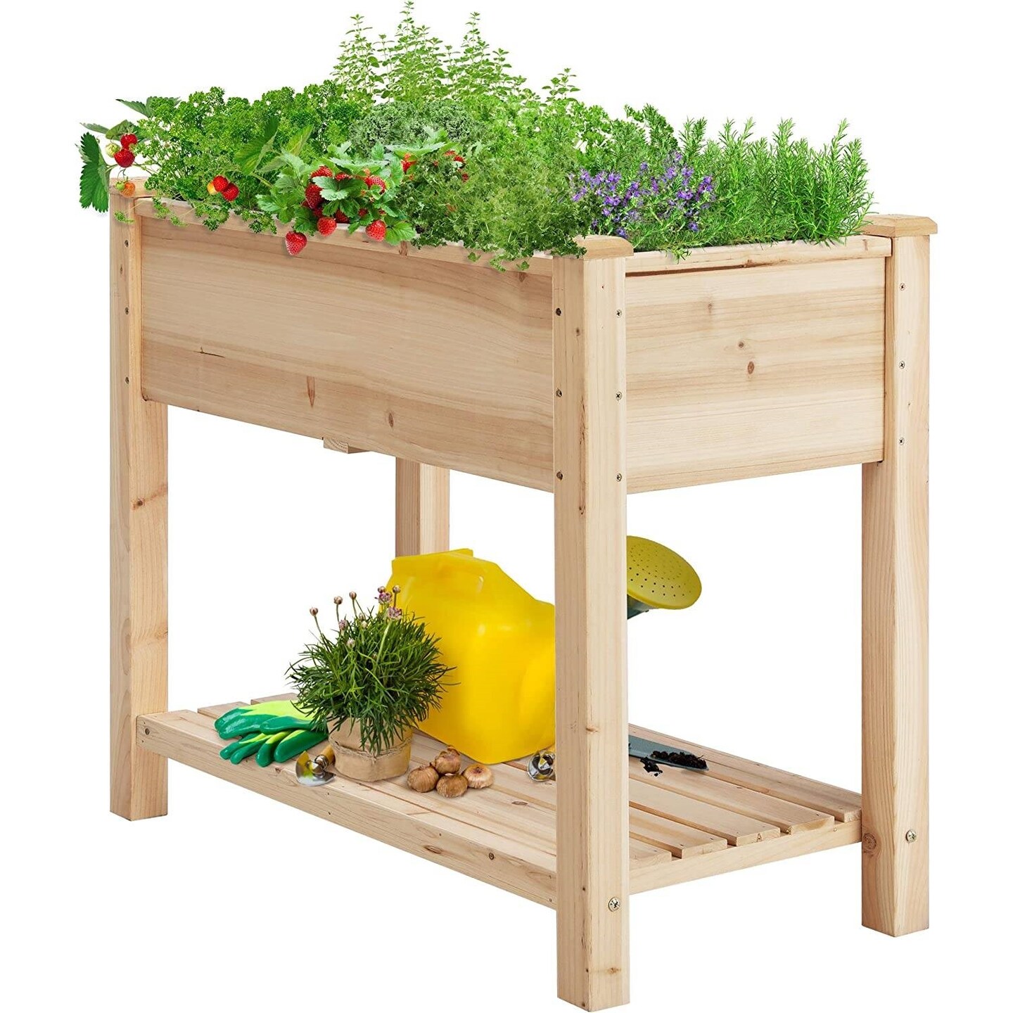 Natural Wood 2-Tier Raised Garden Bed with Storage Shelf and Drainage