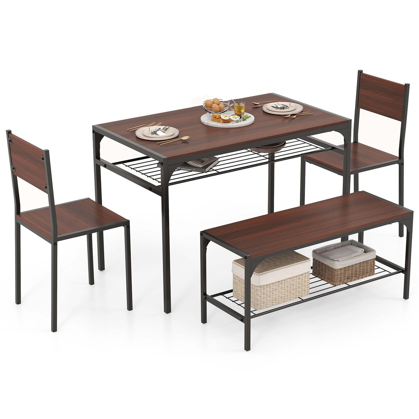 Costway Dining Table Set for 4 Rectangular Table with 2 Chairs, 1 Bench, Storage Racks Rustic Brown/Gray/Brown