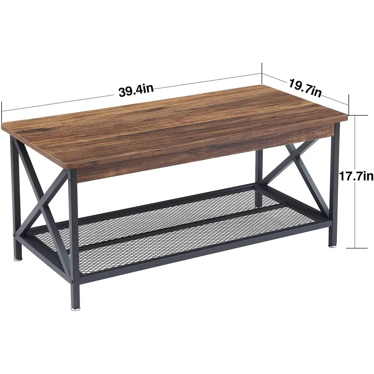 39.4" Modern Metal X Coffee Table with Brown Wood Grain Finish and 2-Tier Storage Shelf