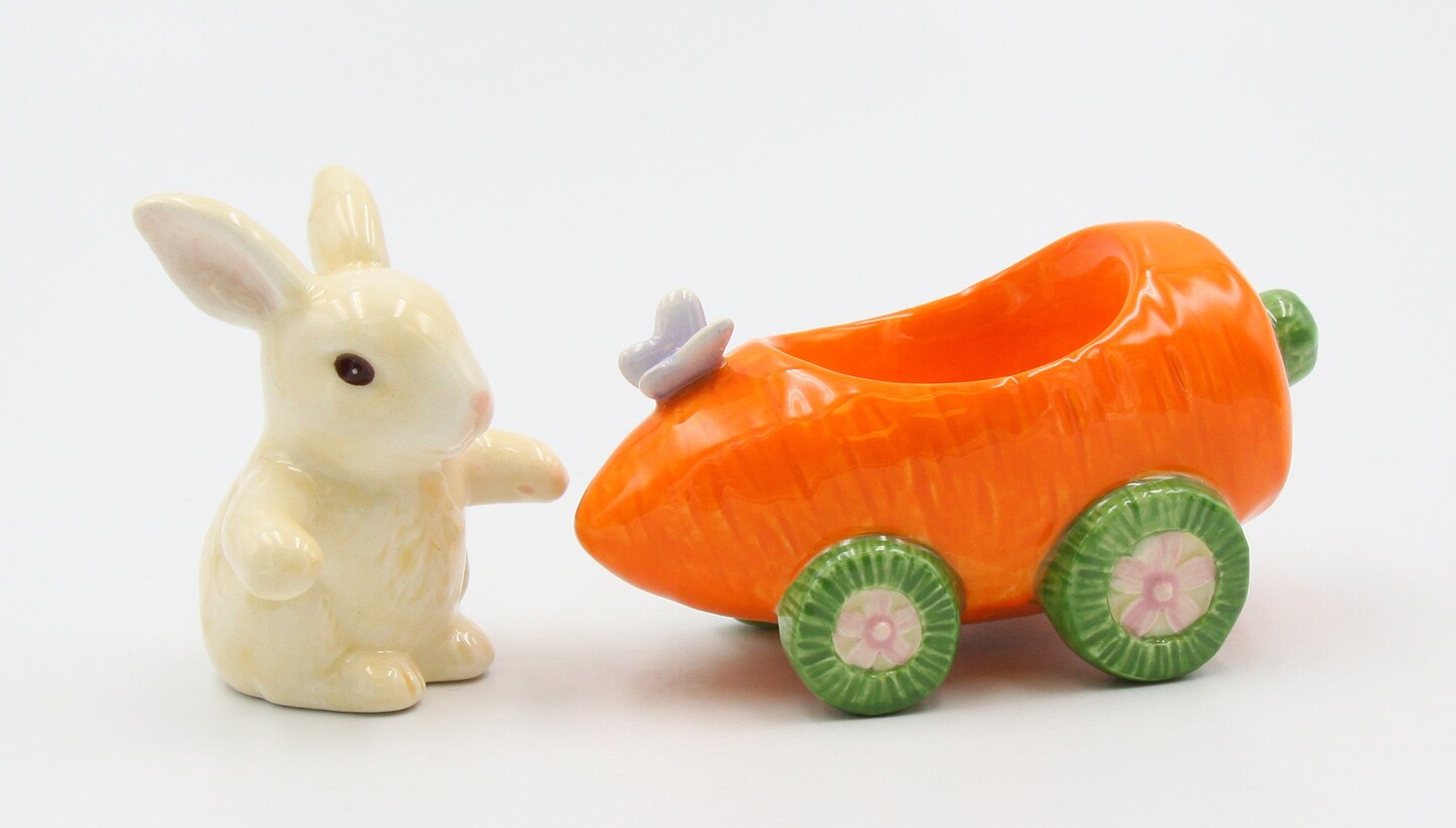 Ceramic Bunny Rabbit In Carrot Racecar Salt And Pepper Shakers, Home Décor, Gift for Her or Mom, Kitchen Décor, Spring or Easter Décor