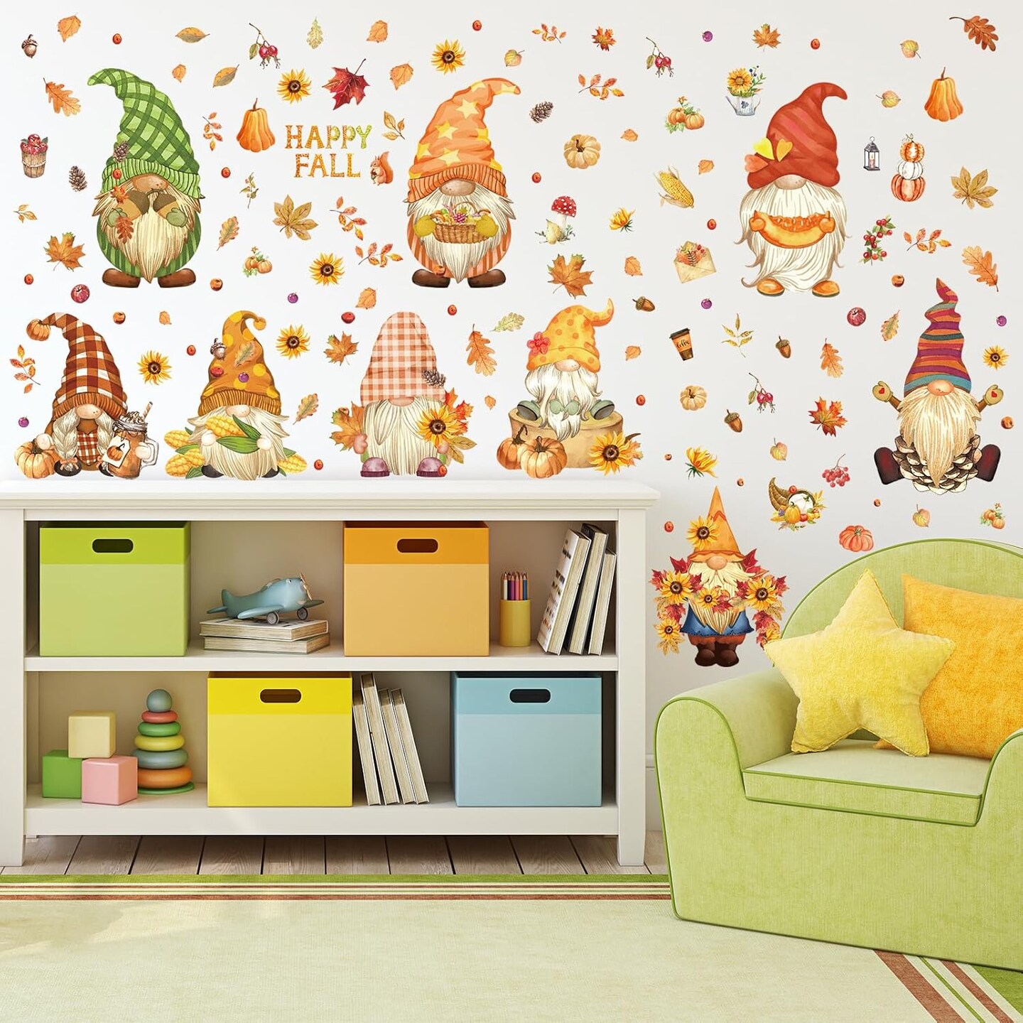 9 Sheet -Fall Wall Stickers Watercolor Gnomes Wall Art Decals Colorful Maple Leaves