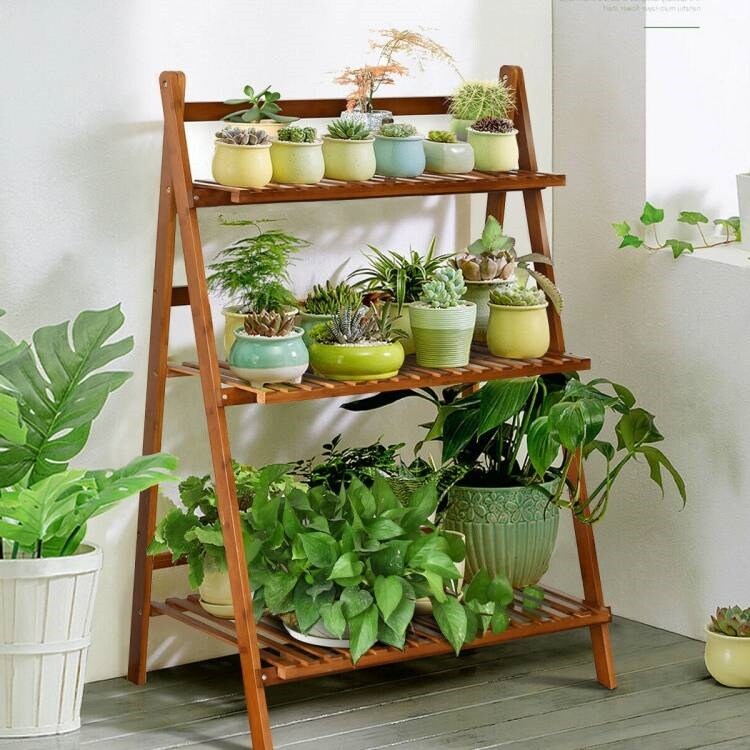 Brown Wicker 3-Tier Folding Plant Stand with High Wall and Triangular Base