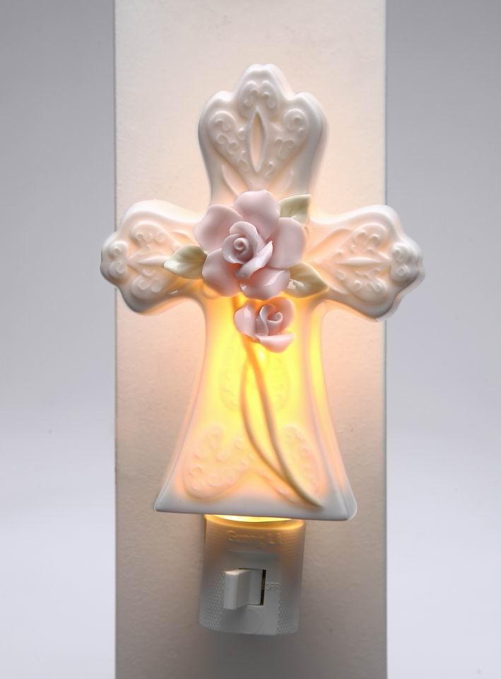 Ceramic Rose Flowers on Cross Plug-In Nightlight, Religious Décor, Religious Gift, Church Décor, Church Gift, Baptism Gift