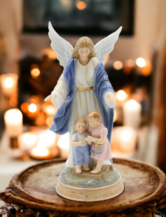 Ceramic Guardian Angel Protecting Children Figurine, Home Décor, Religious Décor, Religious Gift, Church Décor, Baptism Gift