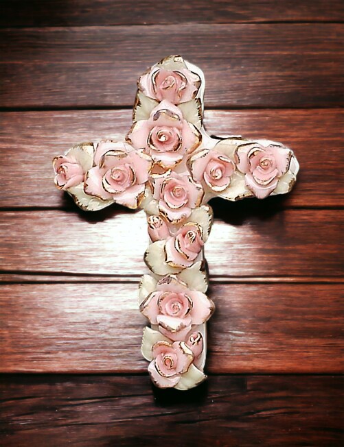 Ceramic Pink Roses Cross Pendant, Religious D&#xE9;cor, Religious Gift, Church D&#xE9;cor, Church Gift, Baptism Gift
