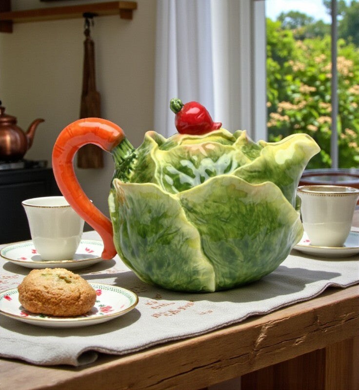 Ceramic Cabbage Teapot with Carrot Stick Lid, Gift for Her, Gift for Mom, Tea Party Décor, Café Décor, Farmhouse Décor, Kitchen Decor